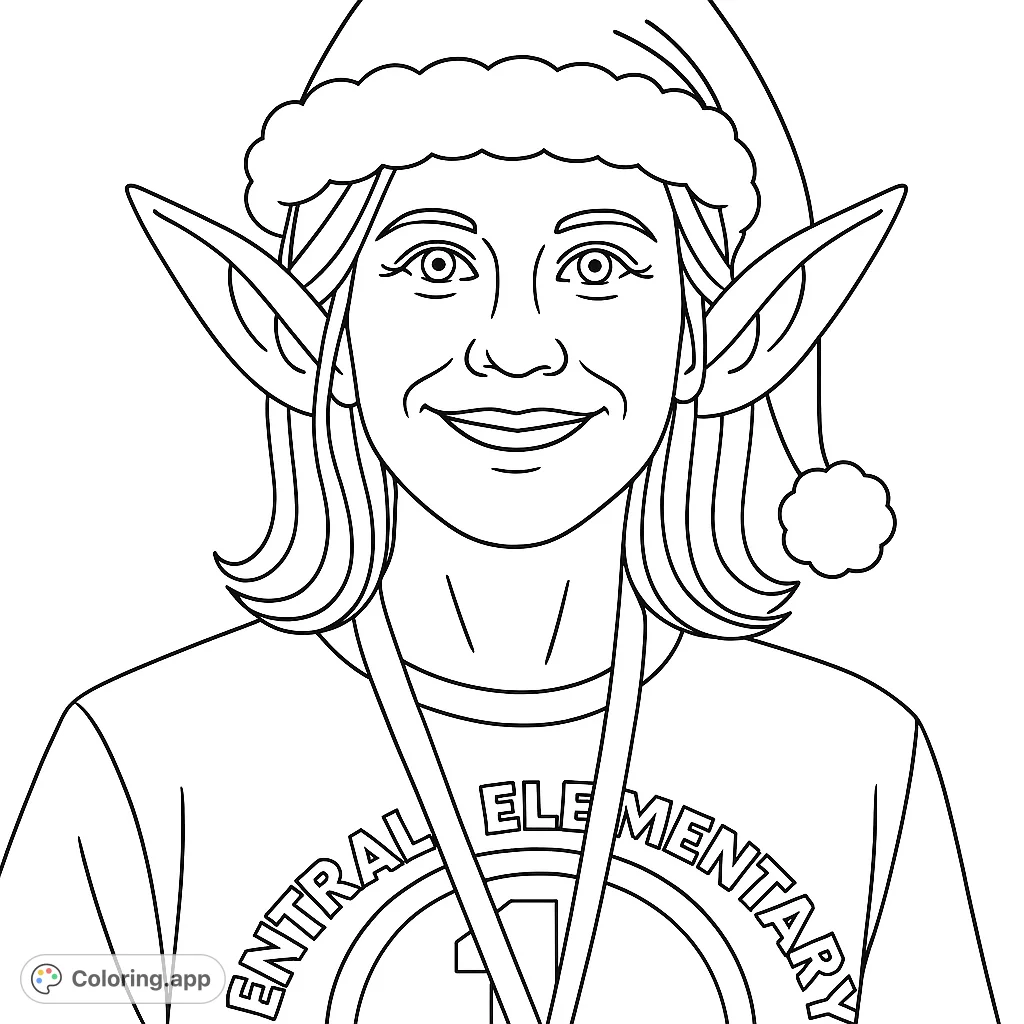 A festive portrait coloring page featuring a smiling individual in a Santa hat and elf ears, wearing a Thrall Elementary T-shirt. Perfect for holiday cheer and school spirit.