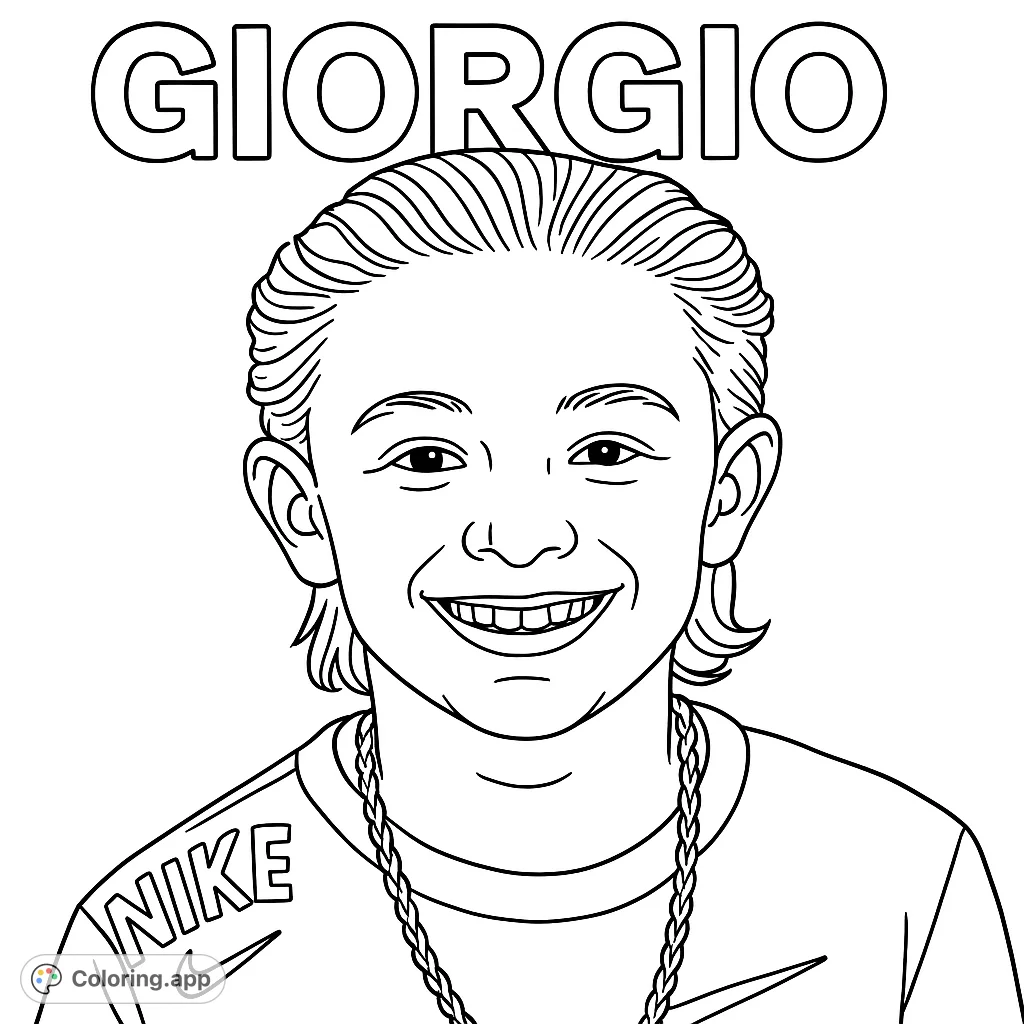 A cheerful Giorgio themed youth portrait, featuring a smiling face, stylish hair, and a cool chain. A free printable coloring page for creative fun.