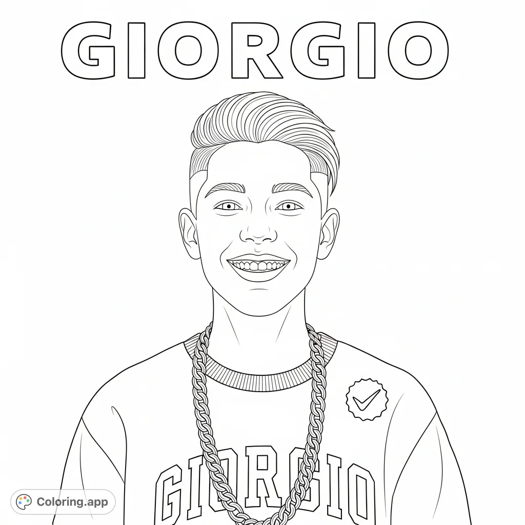 Capture a confident youth with a sleek haircut, stylish crew-neck, and a textured chain, all beneath the prominent 'GIORGIO' text.