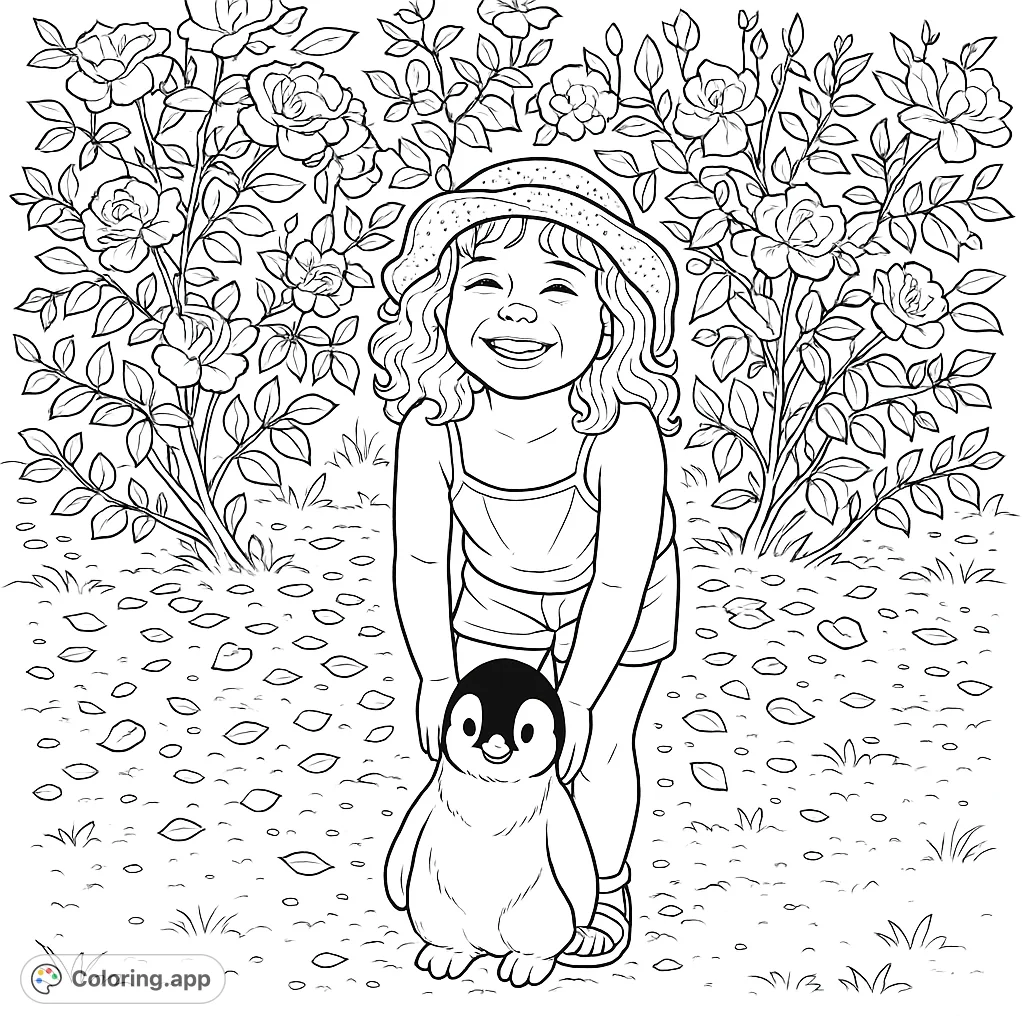 A delightful scene featuring a smiling child in a garden, holding a soft penguin toy, surrounded by blooming rose bushes and scattered petals.