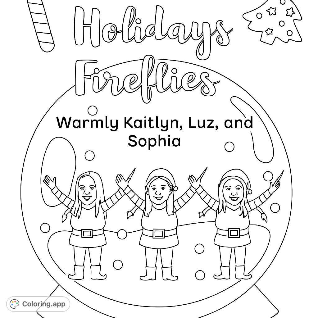 Three cheerful elf-like figures stand in a festive snow globe, surrounded by holiday accents. A perfect holiday coloring page!