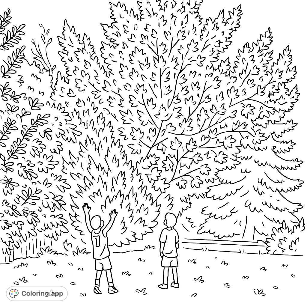 Three boys enjoy a spacious backyard surrounded by a grand tree with abundant foliage and various shrubs, perfect for a whimsical coloring adventure.