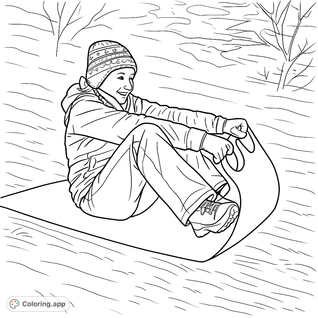 A cheerful person zips down a snowy hill on a flexible sled, radiating pure joy. Capture the thrill of a winter sledding adventure!
