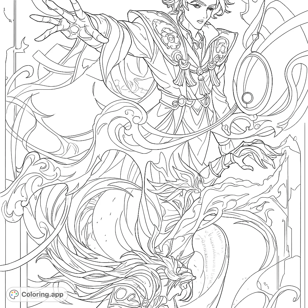 Experience the intricate beauty of two mystical figures, one inverted, surrounded by swirling energy and elegant forms. A challenging design for focused coloring.