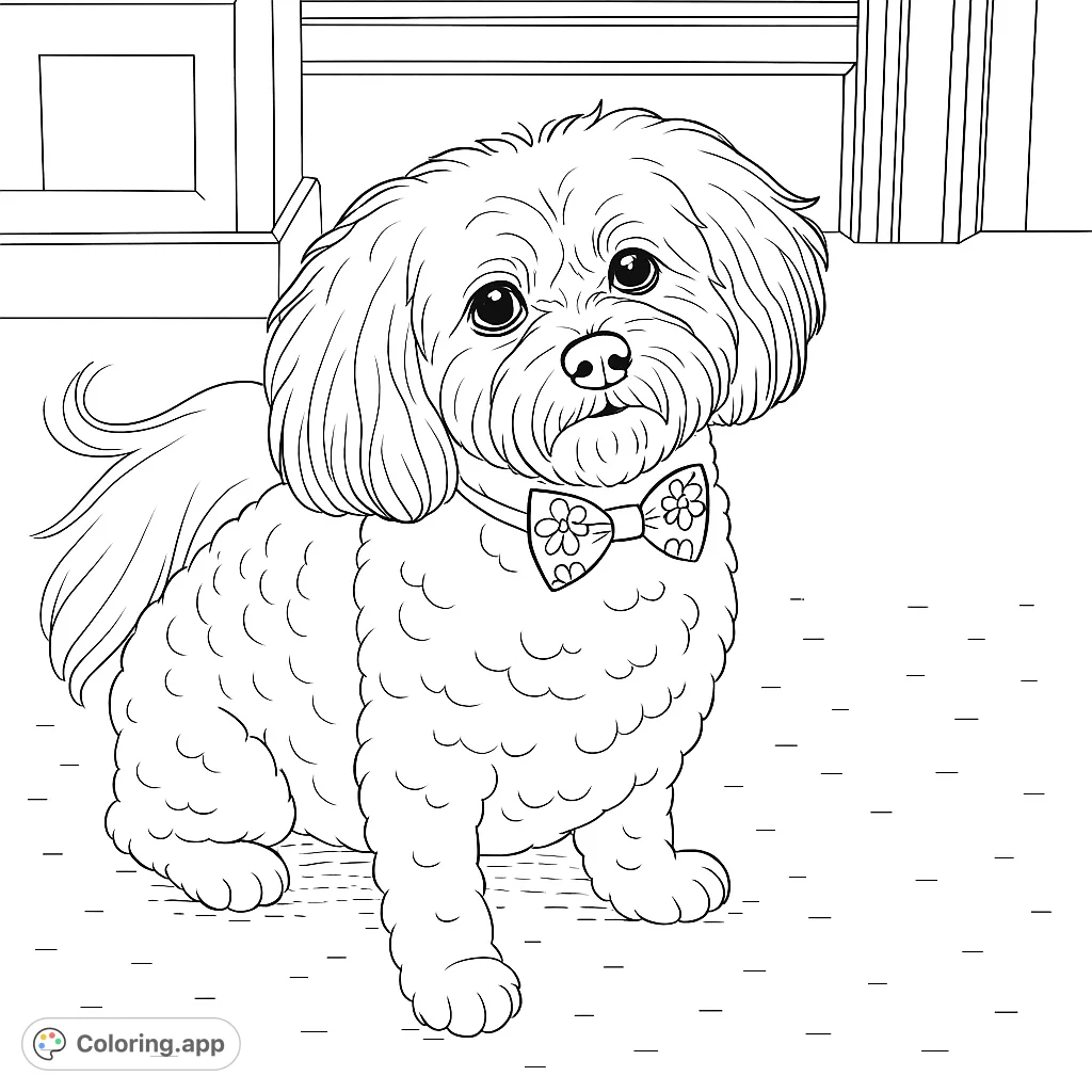 An endearing fluffy dog with a patterned bow tie awaits your creative touch. Perfect for animal lovers of all ages, offering a charming coloring experience.