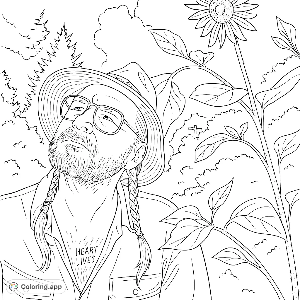 A bearded figure in a straw hat and braids gazes upward at a towering sunflower, surrounded by garden foliage under a cloudy sky.