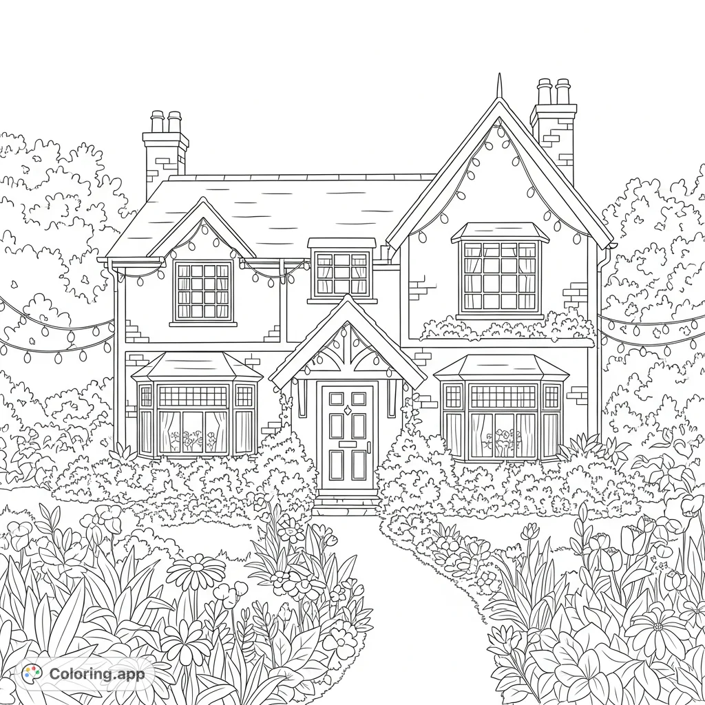 Discover a charming, cozy house nestled within an enchanting garden adorned with delicate fairy lights. A peaceful scene perfect for a relaxing coloring experience.