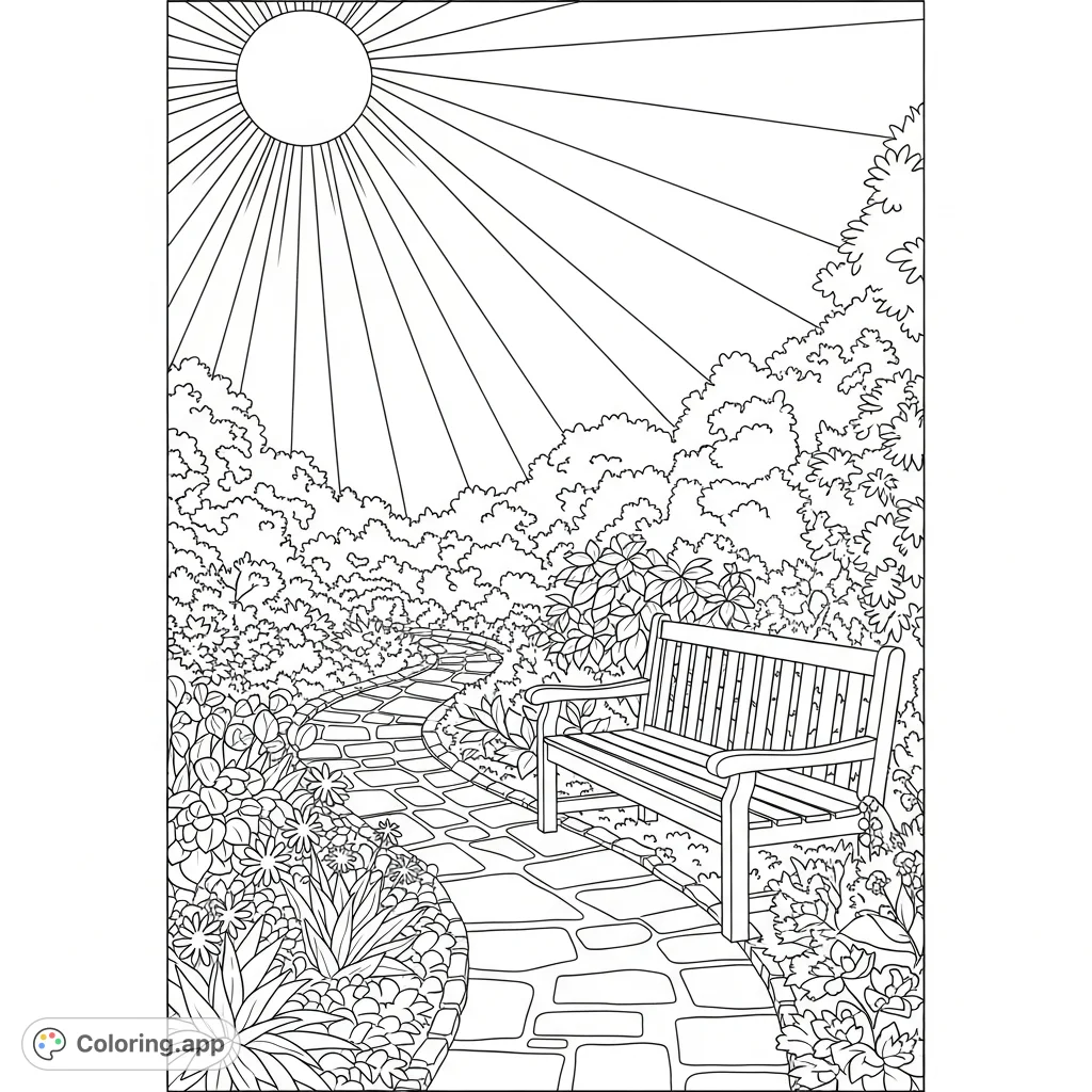 Explore a beautiful garden featuring a winding path, a cozy bench, and a radiant sun. A perfect nature coloring page for relaxation and creativity.