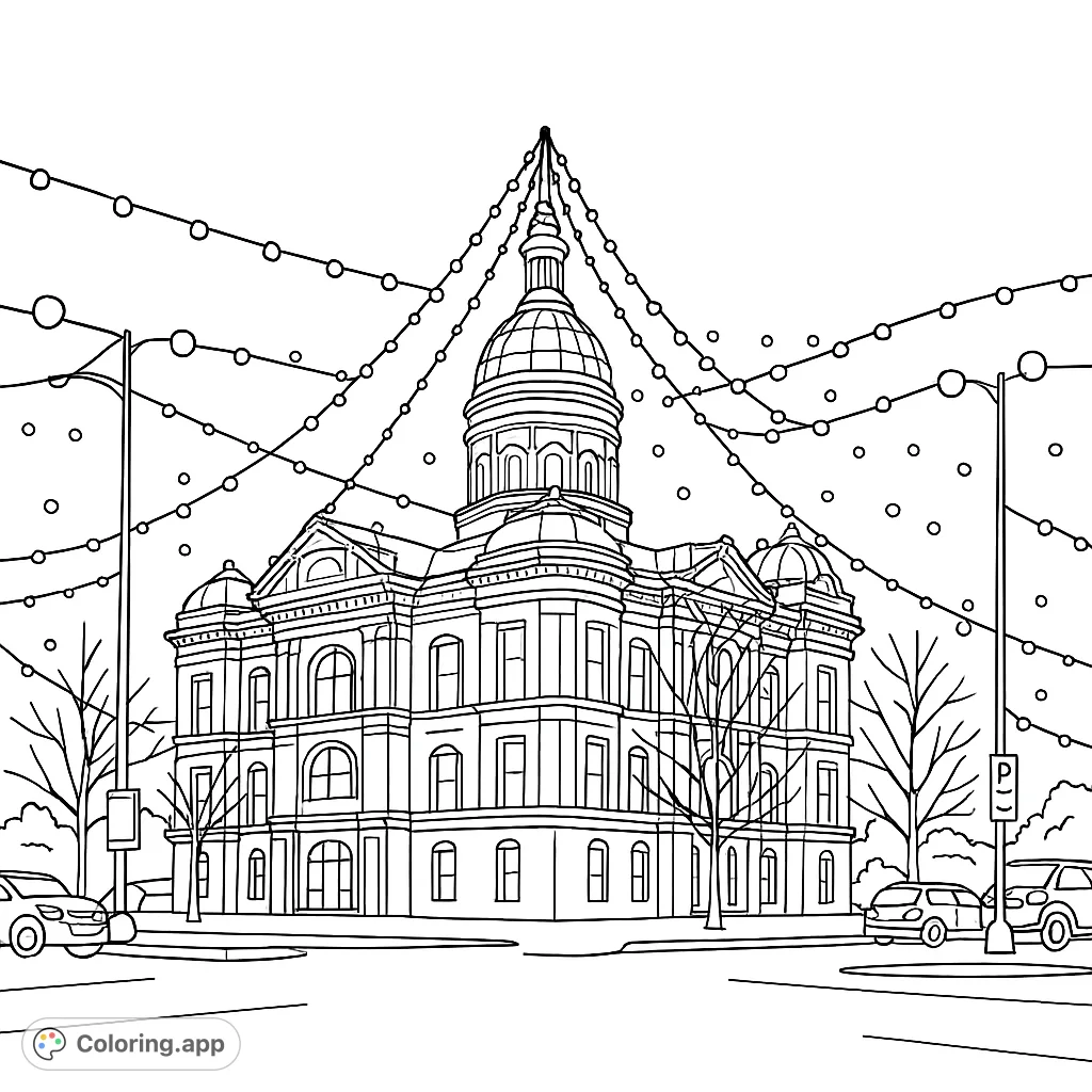 Color a majestic courthouse adorned with radiating strings of lights and glowing windows against a night sky, creating a beautiful and celebratory scene.