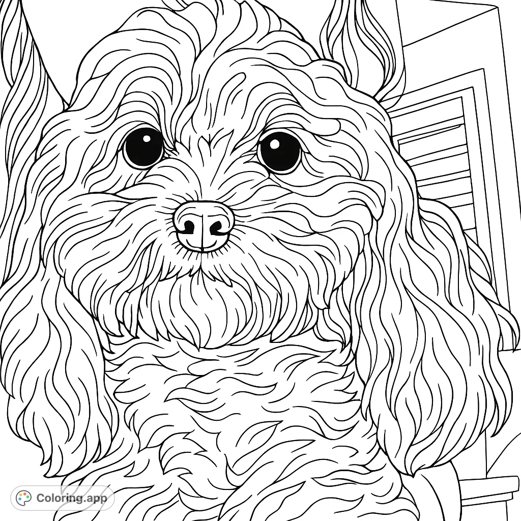 A heartwarming fluffy dog coloring page, perfect for pet lovers. Capture the charm of this shaggy friend with detailed fur and expressive features.