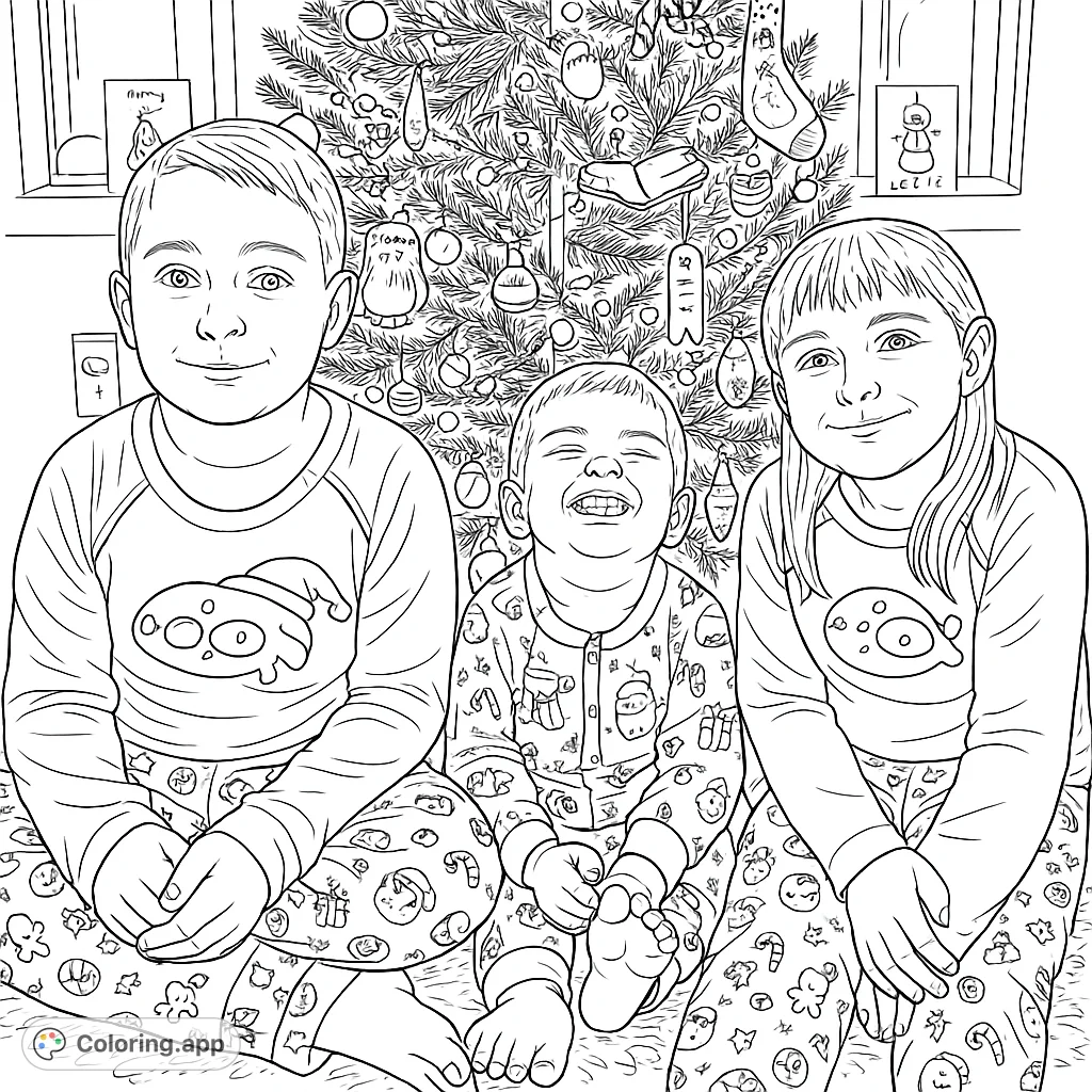 Three joyful children in festive pajamas sit by a beautifully decorated tree, ready for holiday coloring fun. A delightful scene for all ages!