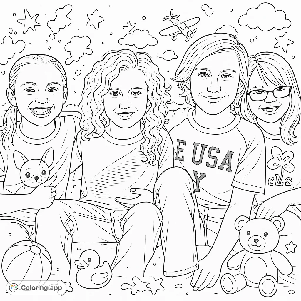A vibrant friendship coloring page featuring four smiling children surrounded by playful objects and whimsical abstract shapes, perfect for creative fun.