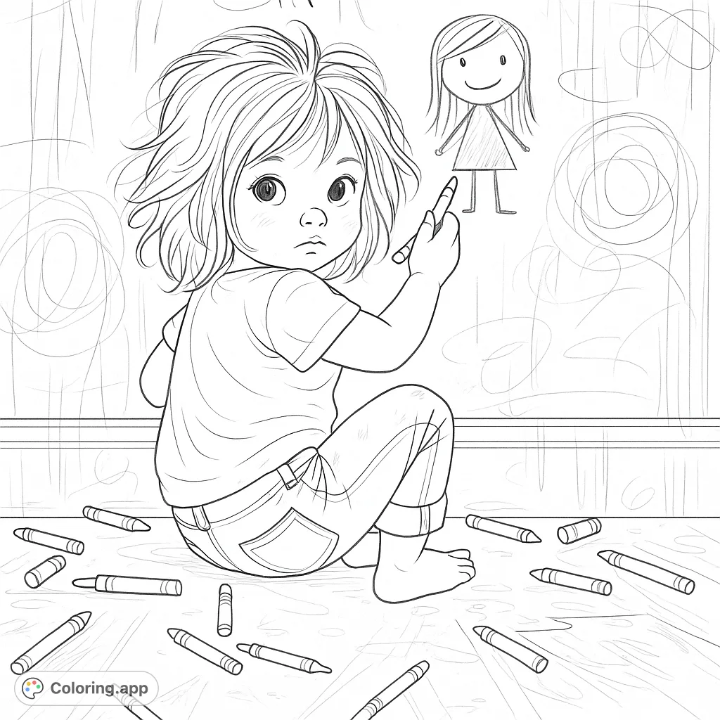 A delightful scene of a small child creating a masterpiece on a wall, surrounded by drawing tools and scribbles. A charming and engaging coloring page for all ages.