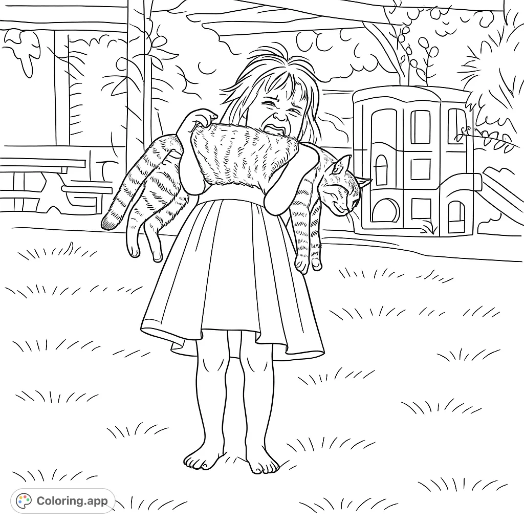 Capture a heartwarming moment of a child embracing their large tabby cat. A delightful scene for animal lovers of all ages to color.