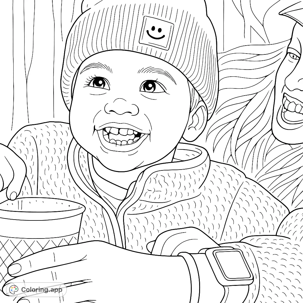 Capture a heartwarming moment with this happy child coloring page, featuring a beaming child in a beanie, sharing a cozy moment with a beverage.