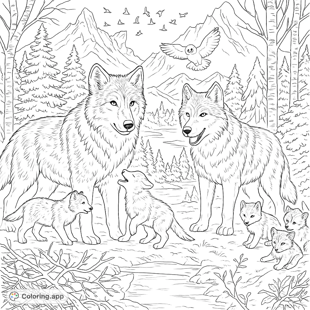 Explore a majestic wolf family in a serene, snow-covered forest. This detailed wolf family coloring page features adult wolves, playful pups, and a wintry landscape.