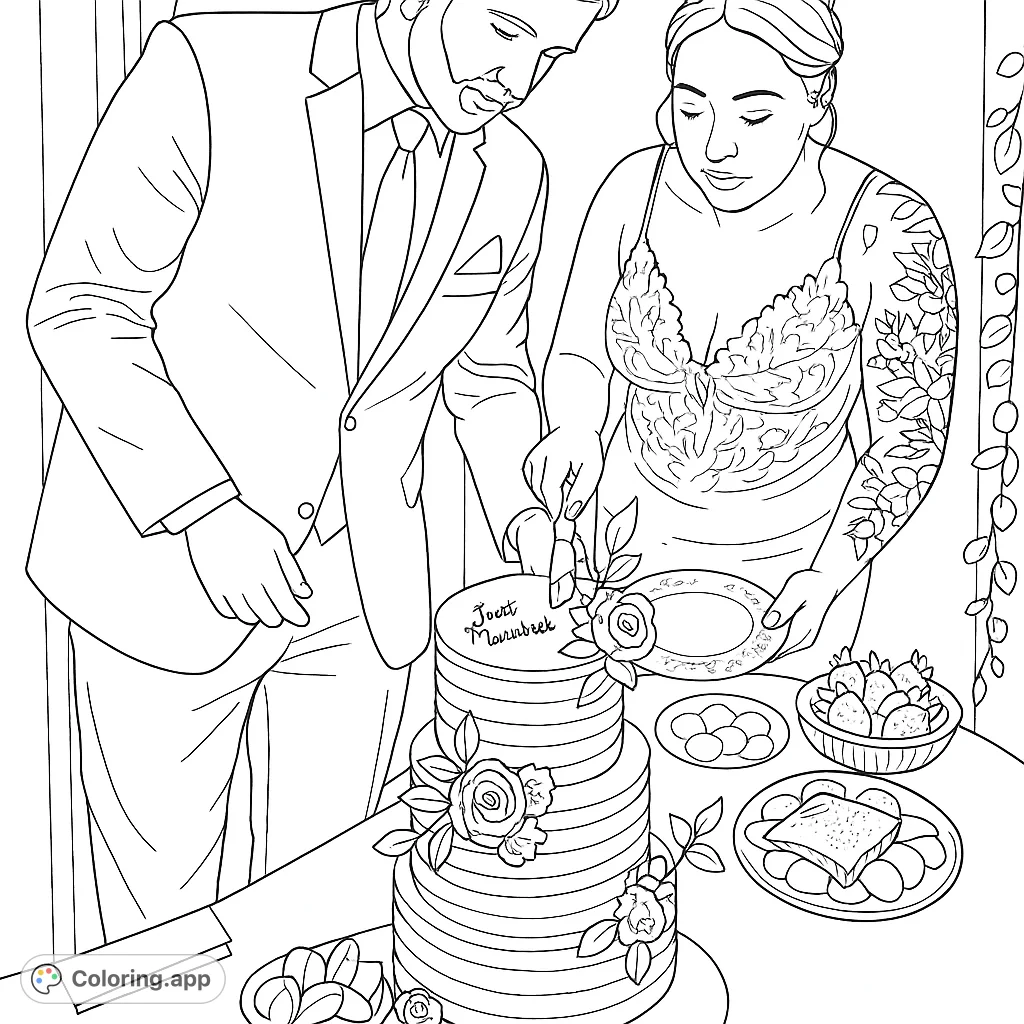 Capture the joy of a wedding with this coloring page featuring a couple cutting their beautiful tiered cake, surrounded by celebratory treats and intricate details.