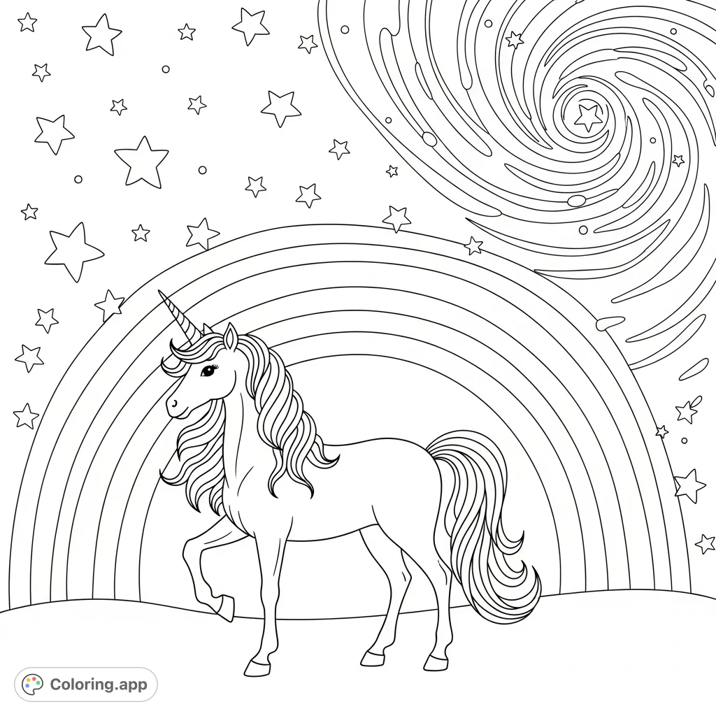 A majestic unicorn against a vibrant rainbow, sparkling stars, and a swirling galaxy. A magical fantasy scene perfect for imagination.