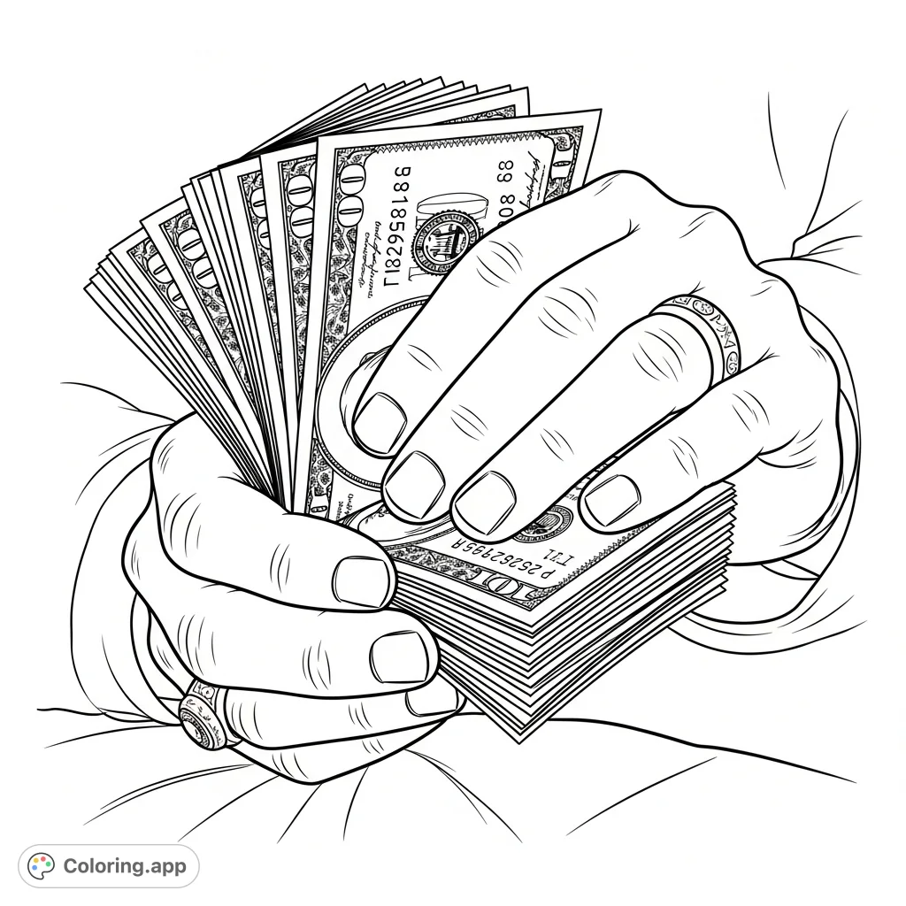 A detailed close-up of a hand, belonging to a gangster, meticulously counting a stack of currency bills. Perfect for adults who enjoy intricate money coloring pages.