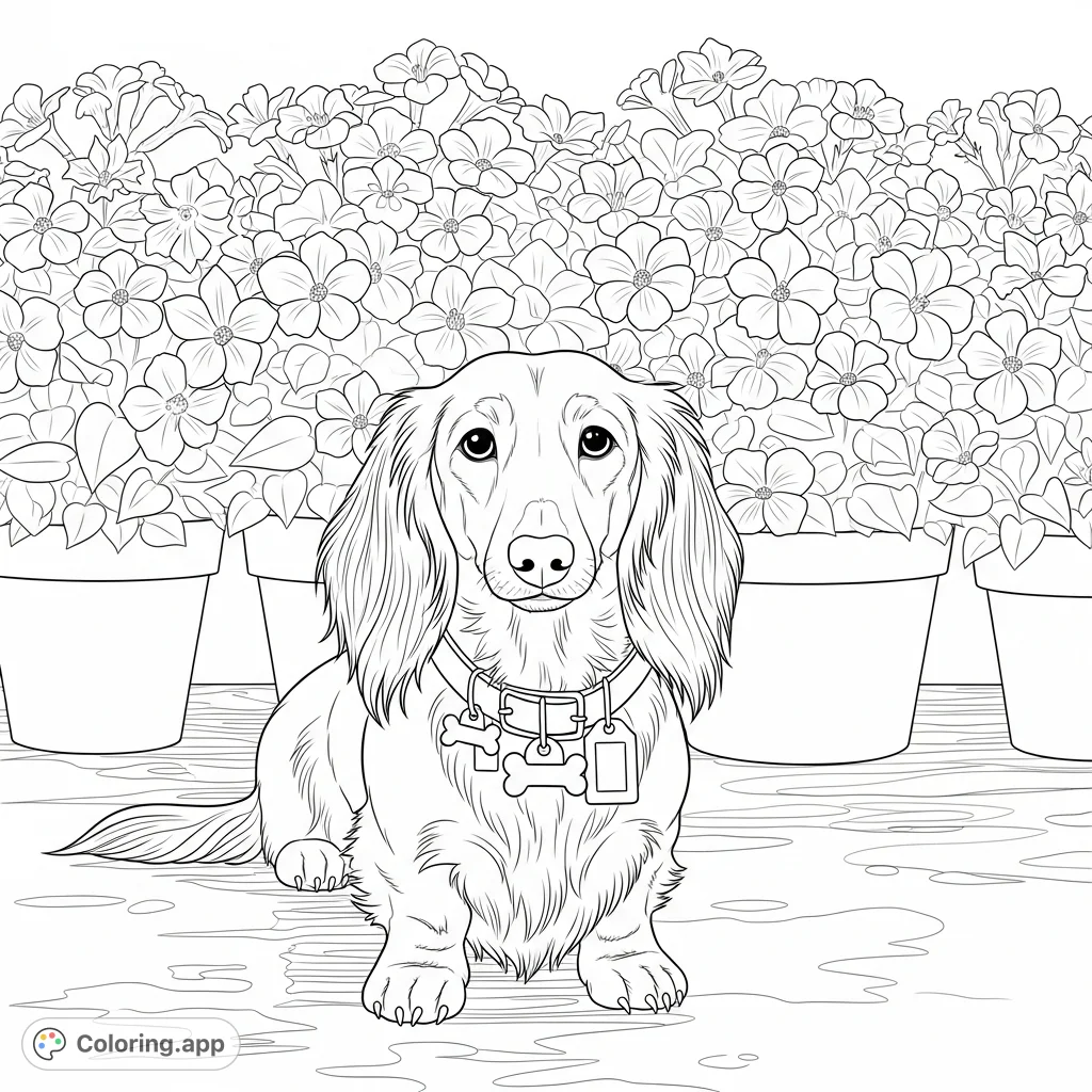 A charming long-haired dachshund with flowing fur and collar tags sits patiently amidst a dense array of potted plants, each bursting with abundant foliage and bell-shaped flowers. Ideal for detailed coloring.