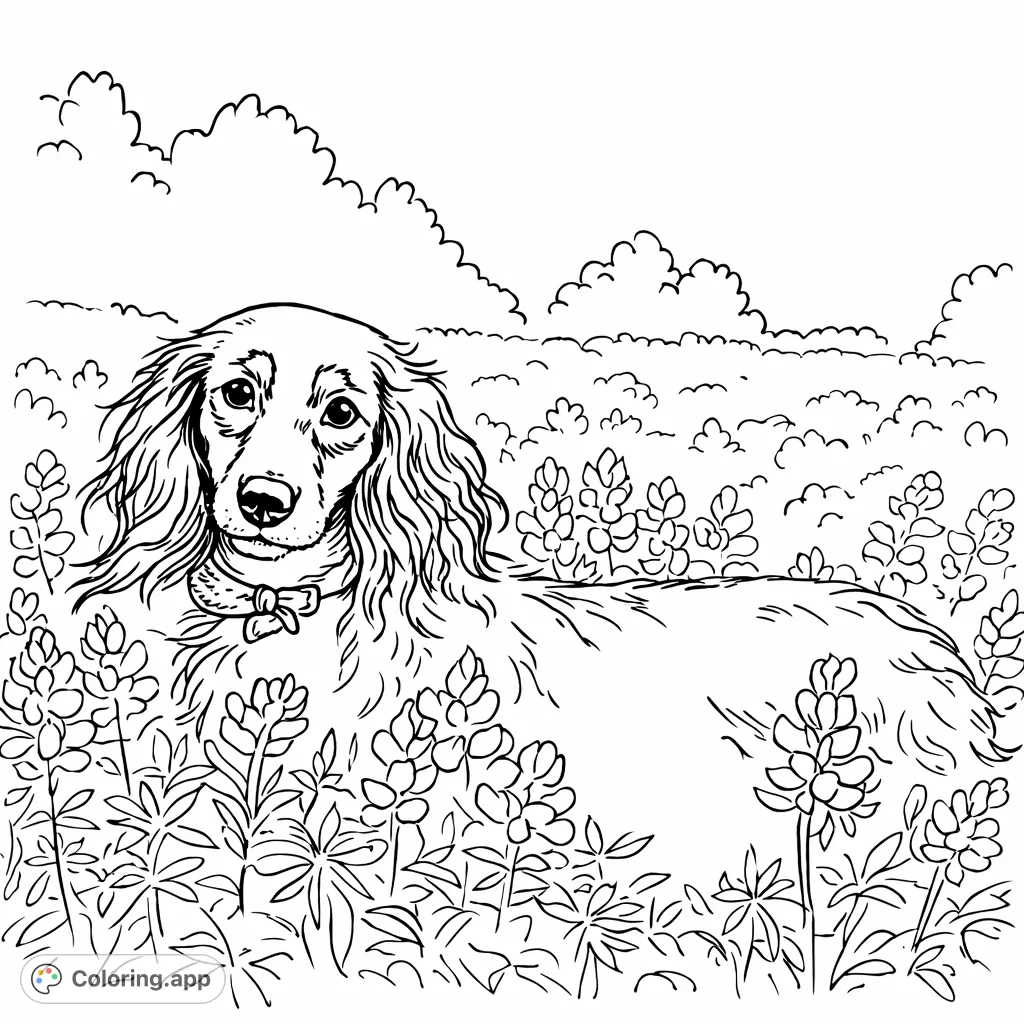 A charming long-haired dachshund stands in a field of delicate flowers. A simple hand-drawn sketch, perfect for a relaxing coloring experience.