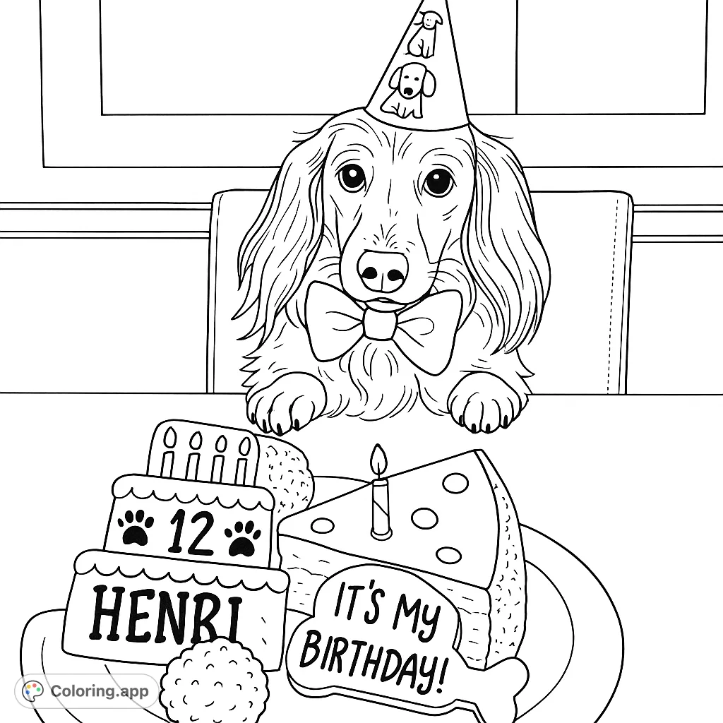 Celebrate a special dog's birthday with this charming coloring page featuring a festive pup in a party hat, surrounded by delicious treats. A delightful scene for all ages!