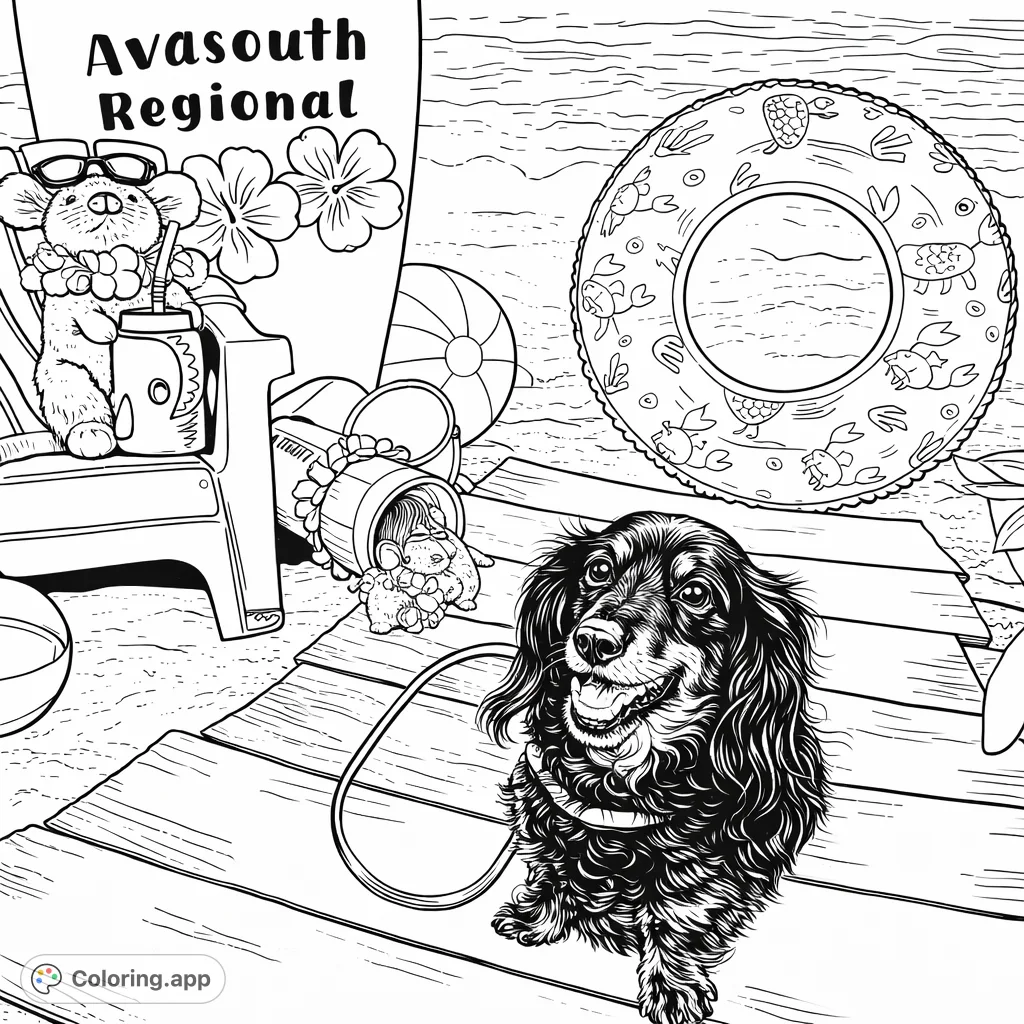 A delightful beach scene featuring a happy long-haired dog, a plush rat relaxing on a miniature chair, and a fun swim ring, all set for a tropical day.