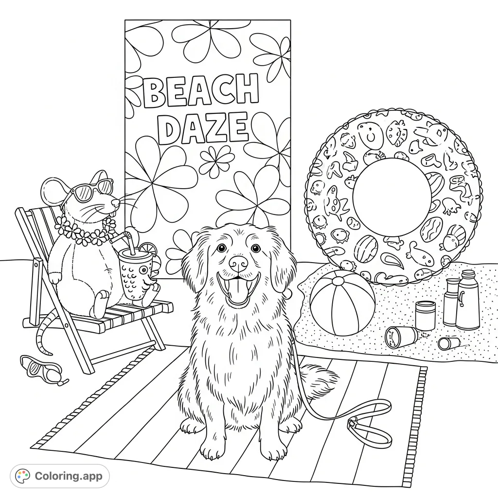 A happy long-haired dog enjoys a fun beach scene with a plush rat in sunglasses, an inflatable swim ring, beach ball, and floral backdrop, ready for creative coloring.