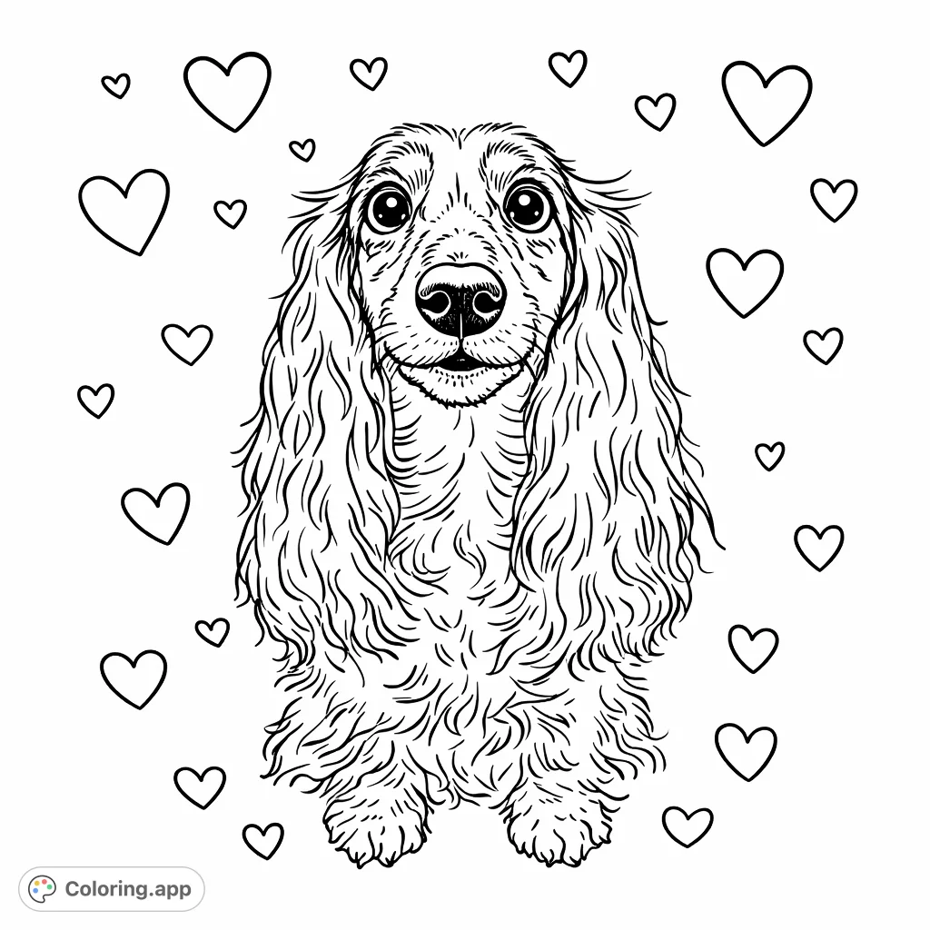 A charming long-haired dachshund gazes up, ready for a splash of imagination. Features simple lines and sweet heart patterns for a delightful coloring experience.