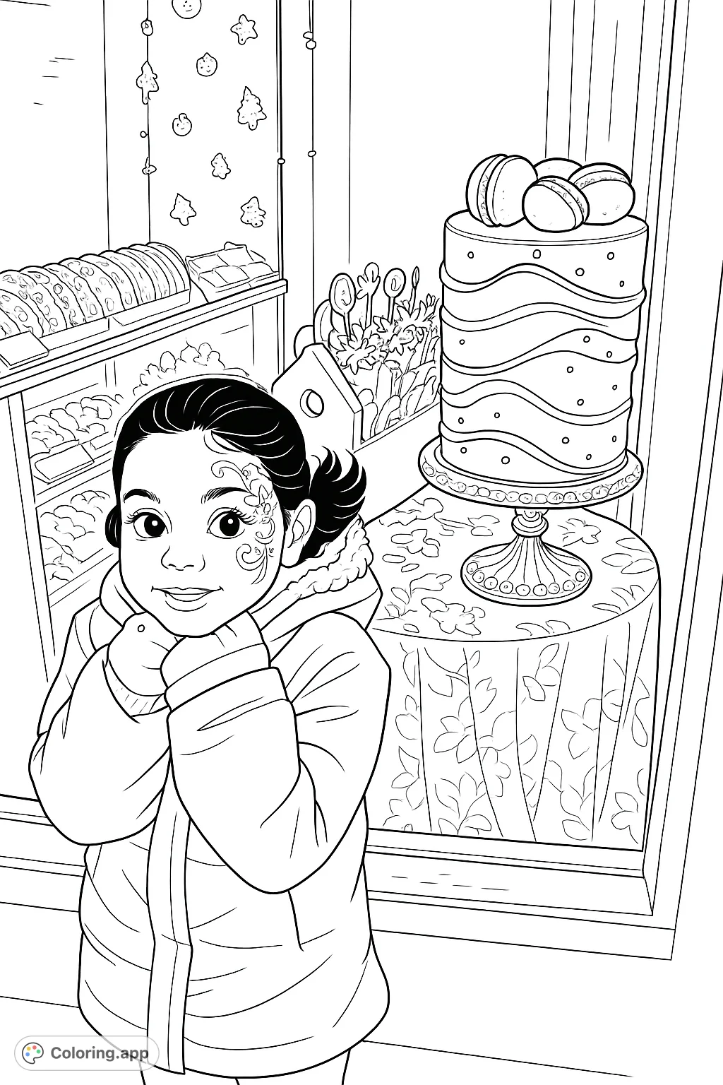 A delightful coloring page featuring a child with face paint smiling in front of a sweet shop window, showcasing a decorative cake and assorted pastries.