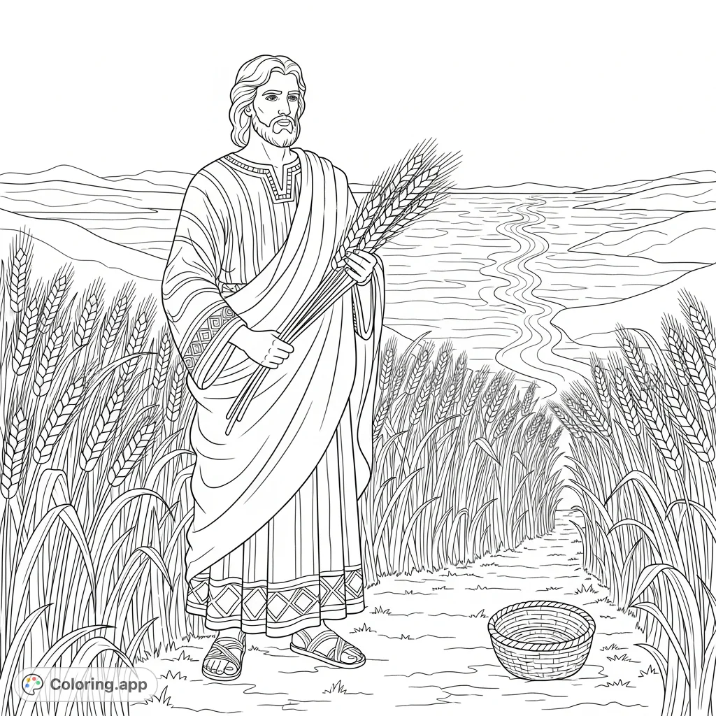 Discover Joseph in a lush grain field, holding a wheat ear, with a vast sea parting in the background. A richly detailed biblical scene awaits your creativity.