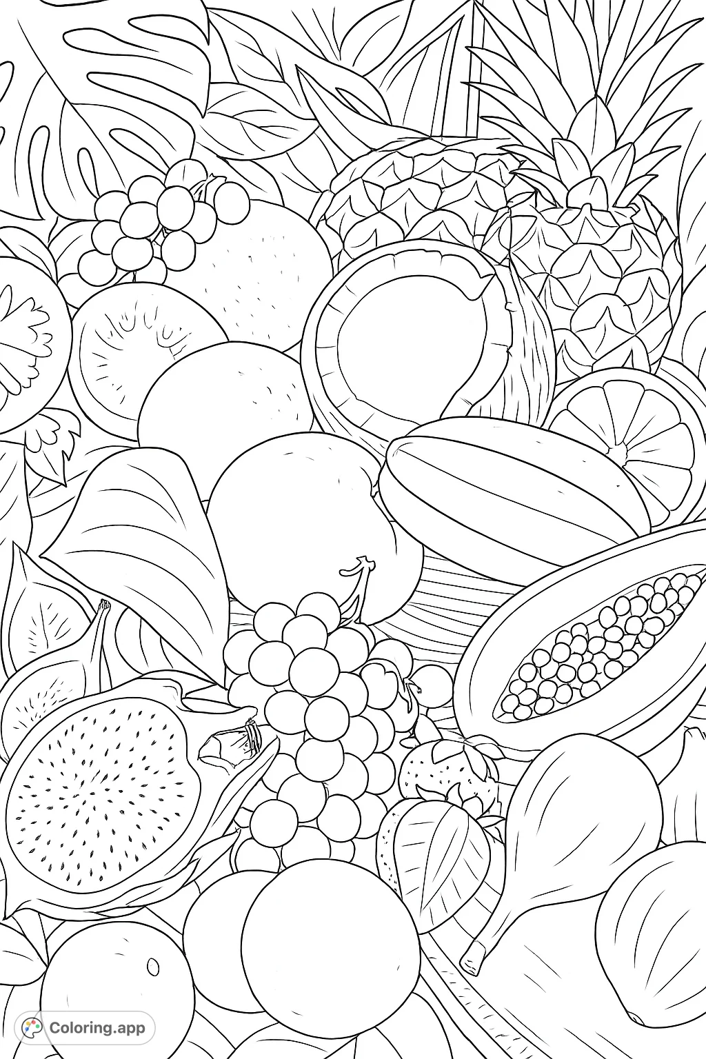 Explore a vibrant collection of exotic and tropical fruits. This rich composition features a pineapple, coconut, dragon fruit, papaya, mango, and more, perfect for a delightful coloring experience.