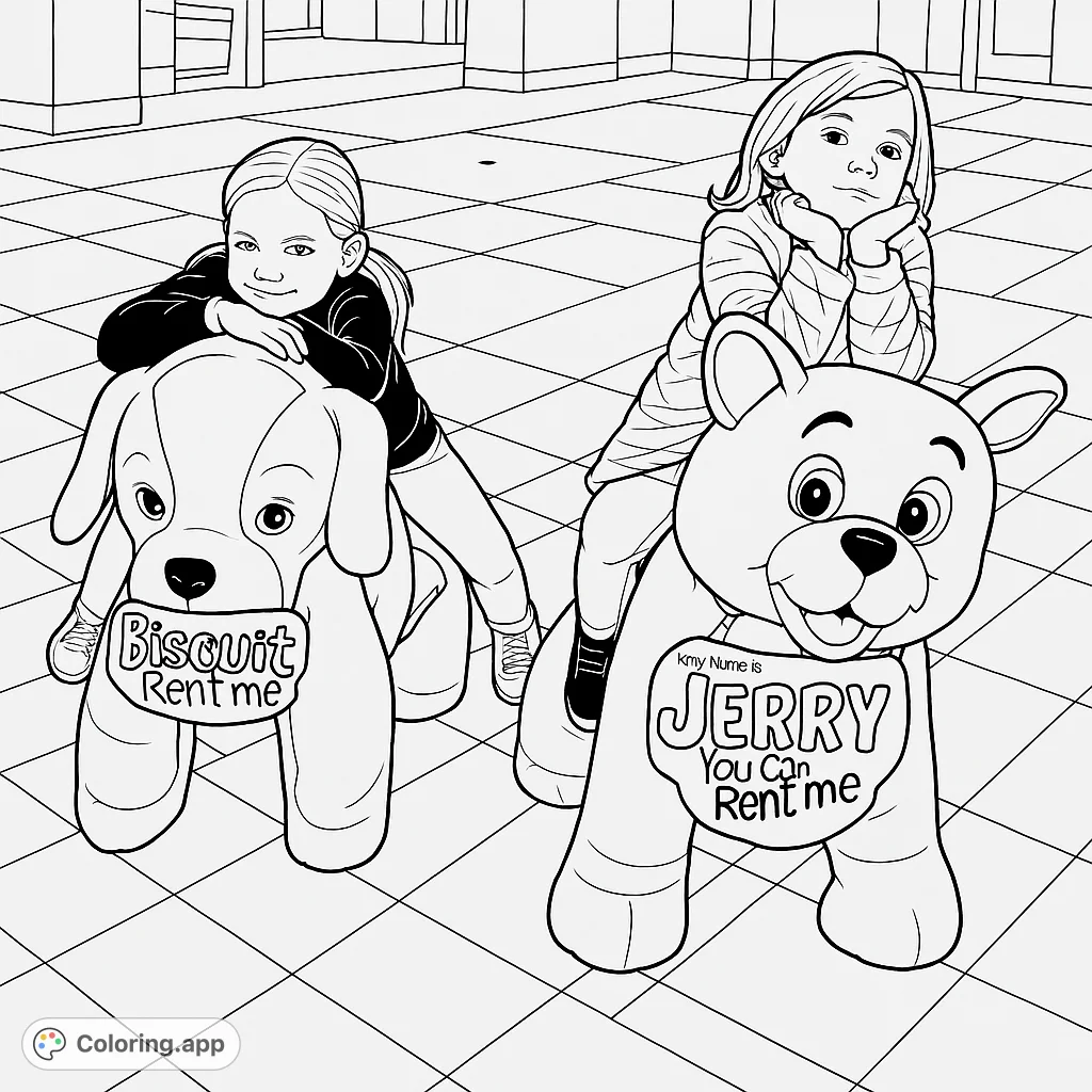 Two cheerful girls enjoy riding large, cuddly animal-shaped toys in an indoor setting. Perfect for kids who love playful adventures and cute creatures.