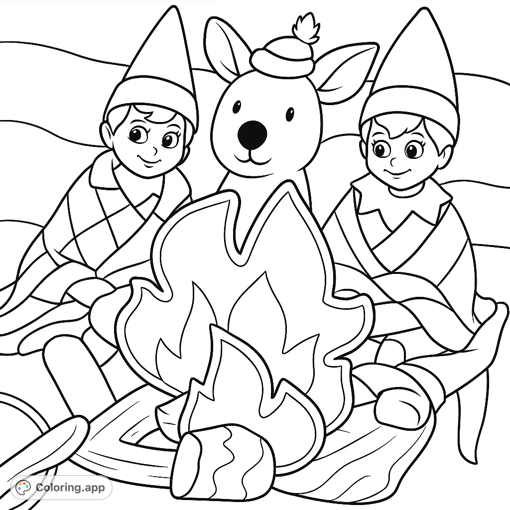 Join two festive elf figures and their plush companion for a cozy campfire adventure, wrapped in plaid blankets on a sparkly setting.