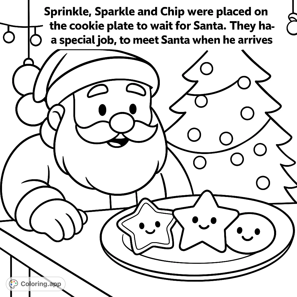 Santa Claus awaits with festive cookies and a decorated Christmas tree. A joyful holiday scene perfect for coloring fun!