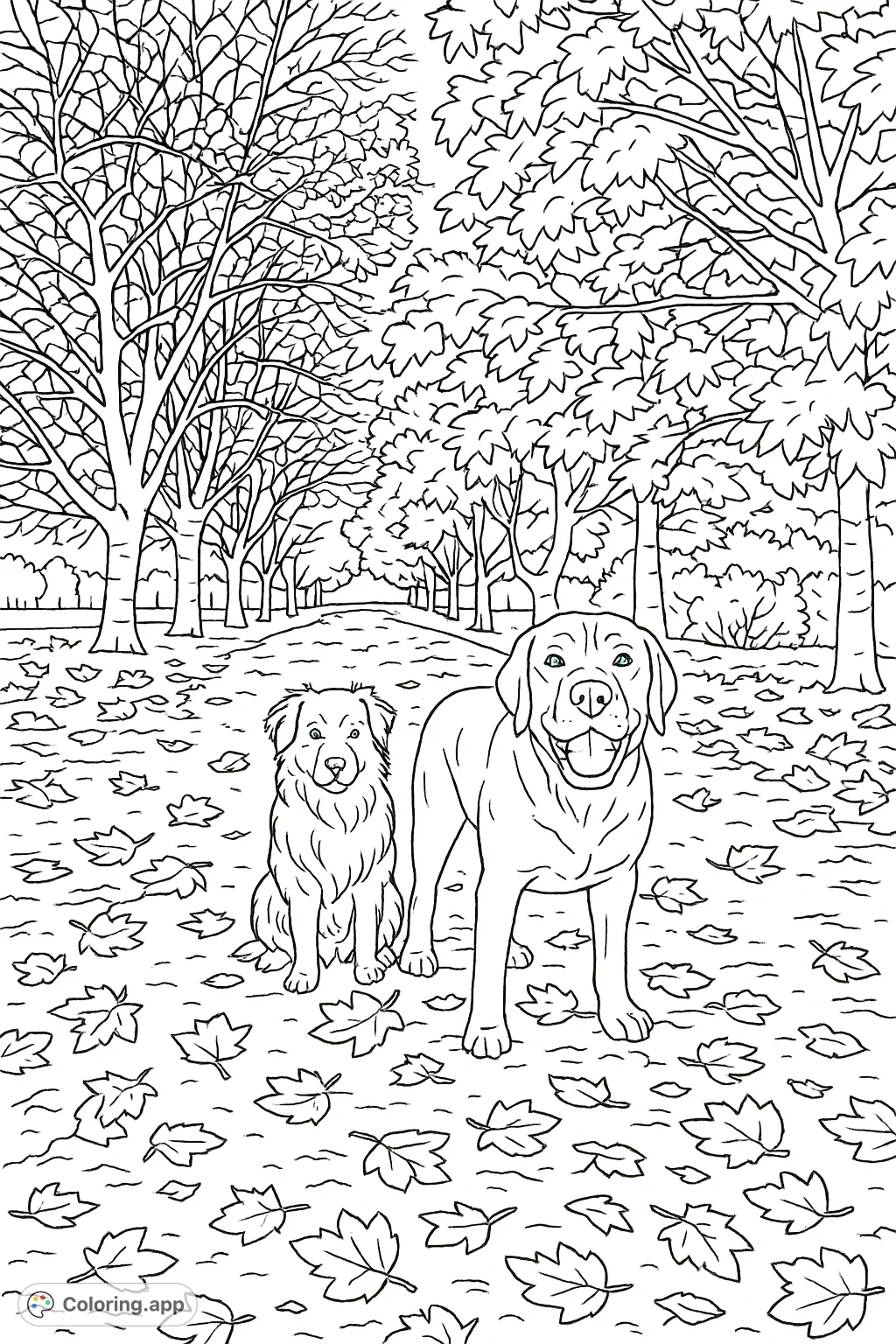 Discover a charming autumn path featuring two loyal dog companions amidst a carpet of fallen leaves and a serene tree-lined avenue.