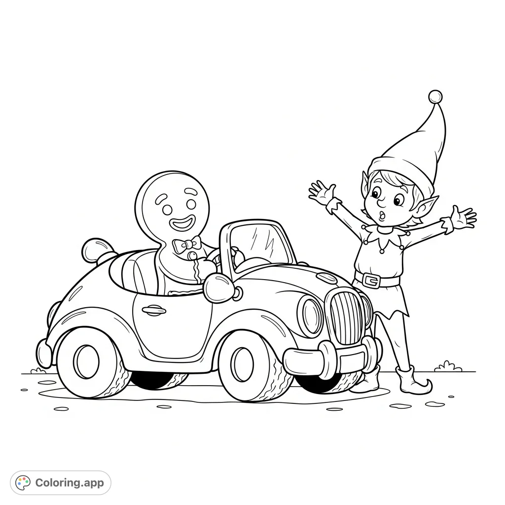 A delightful gingerbread man in a cartoon car playfully bumps into a surprised elf. A whimsical scene perfect for holiday cheer and creative coloring fun!