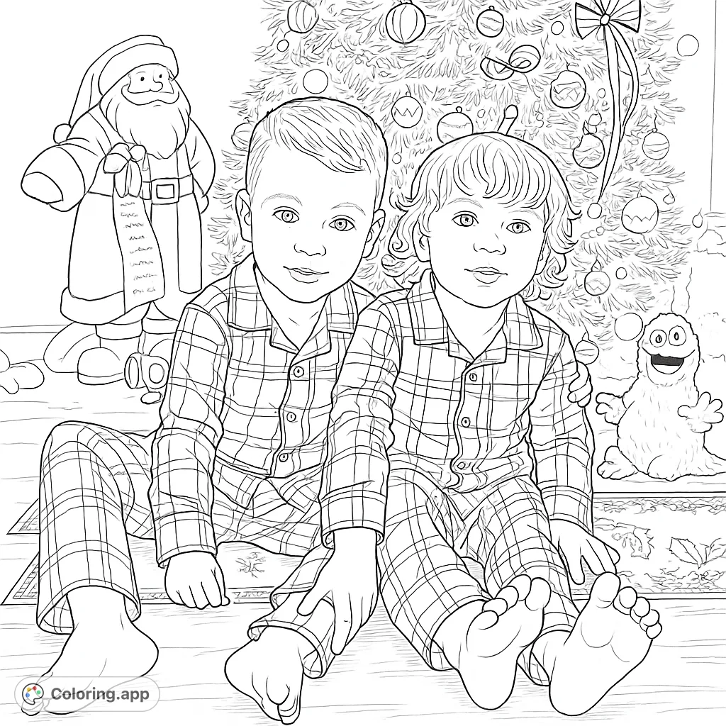 Two children in plaid pajamas sit by a festive, decorated tree with gifts and a Santa figure, ready for holiday coloring fun. Perfect for Christmas!