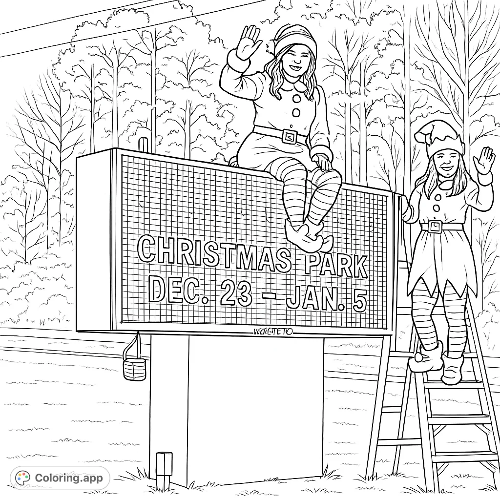 Join two cheerful elves, one perched on a large digital sign and the other on a ladder, as they wave hello. A fun holiday scene for all ages to color!