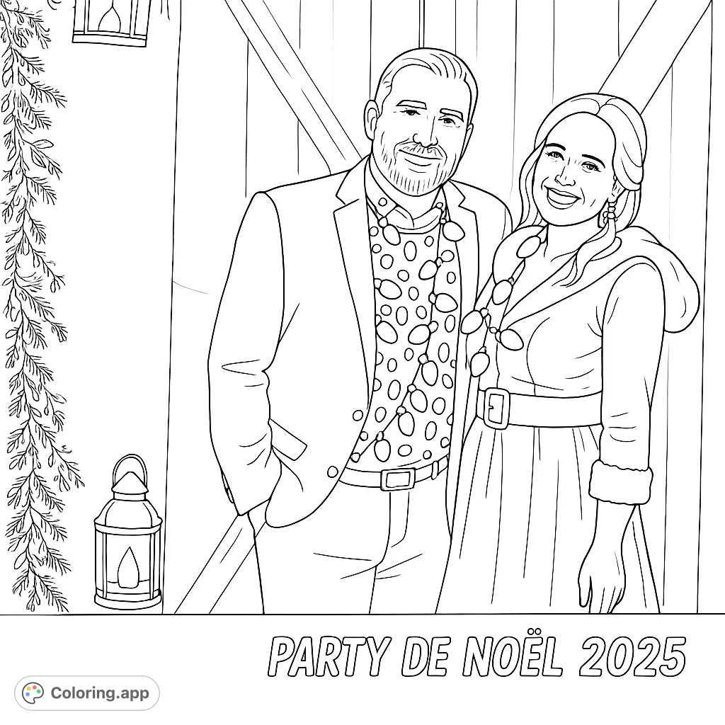 A joyful couple in festive attire, featuring unique patterned clothing and a cozy barn door backdrop. Perfect for holiday coloring fun.