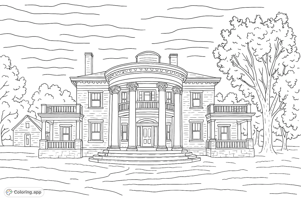 Explore a magnificent classical mansion coloring page, featuring impressive columns, detailed railings, and a stately brick facade. Perfect for architectural enthusiasts.