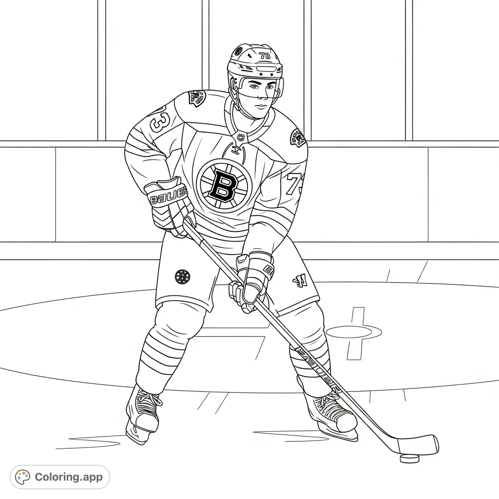 Capture the intensity of Boston Bruins defenseman Charlie McAvoy in a dynamic hockey scene. Perfect for sports fans to color, featuring his iconic number 73.