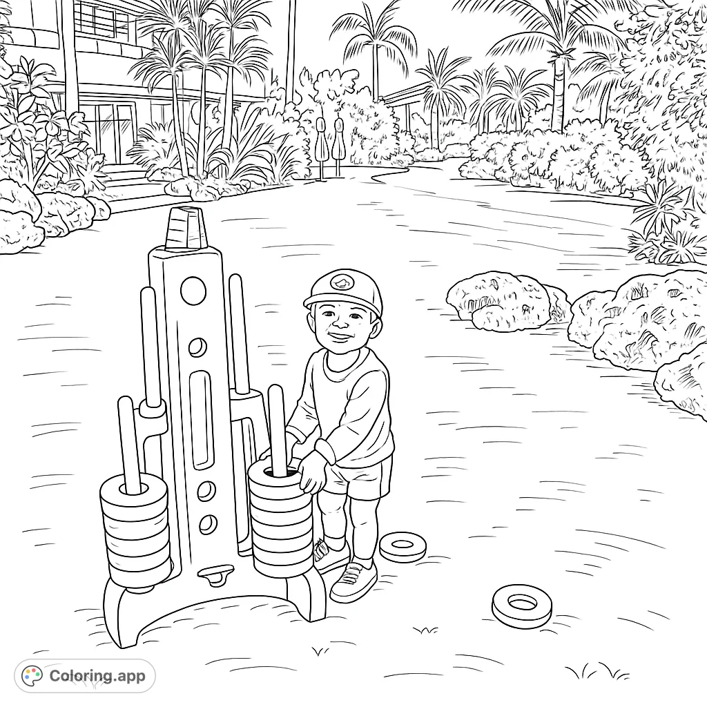 A cheerful child plays a giant ring toss game on a sprawling lawn. Features tropical landscaping and a large building in the background.