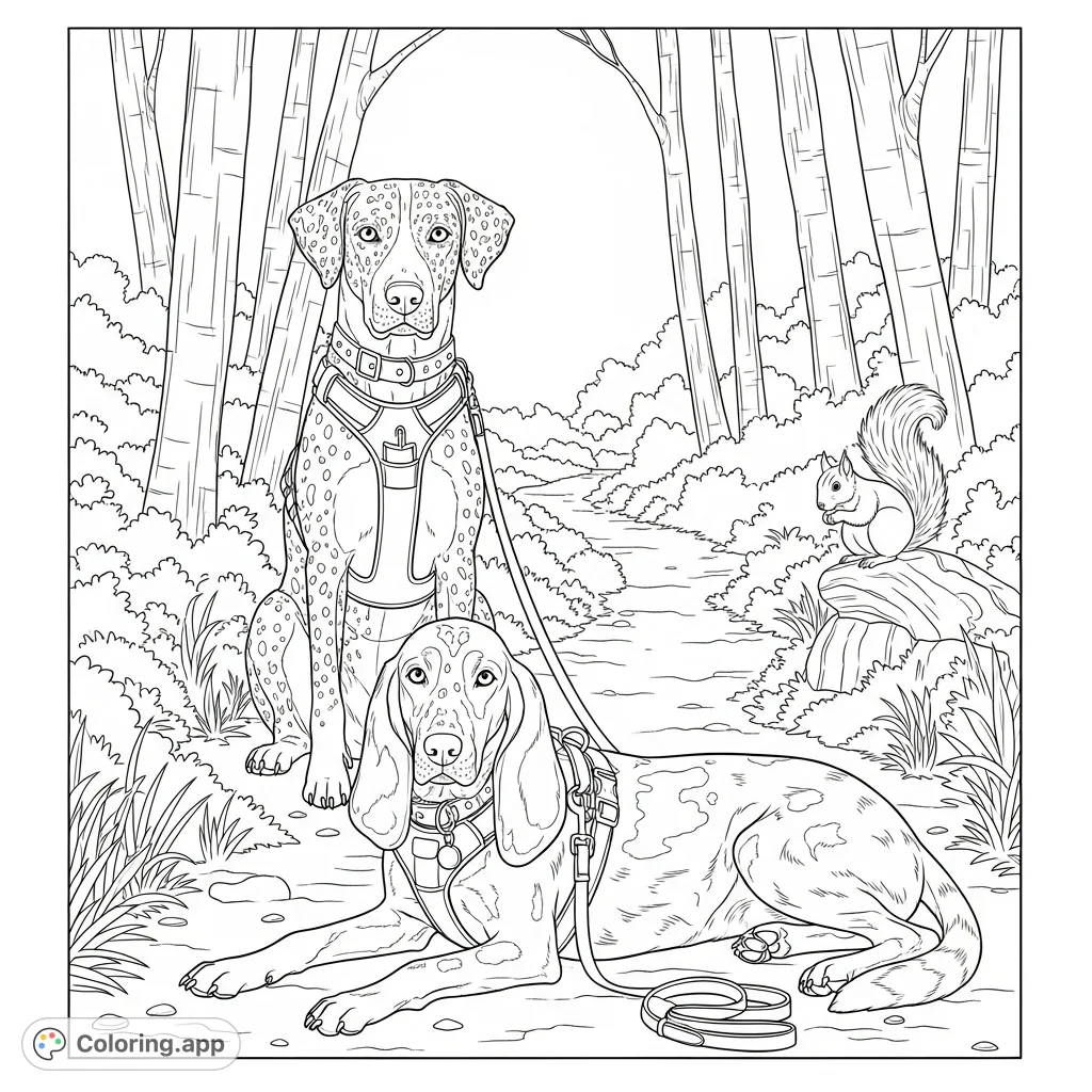 A heartwarming canine coloring page featuring two dogs relaxing on a serene forest path amidst lush undergrowth and tall trees. Perfect for animal lovers!