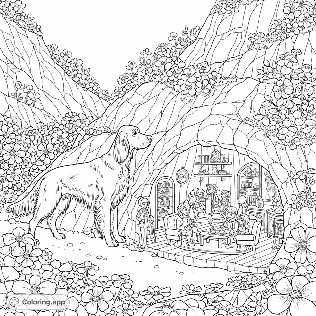 Discover a detailed fantasy scene: a majestic canine stands guard at a cave entrance, revealing a tiny elf family's intricate living space within.