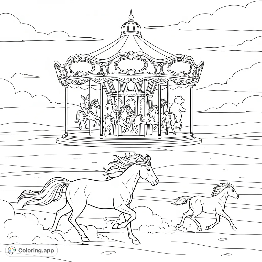 Explore a whimsical scene with an ornate carousel featuring animal riders, alongside a dynamic duo of wild equines galloping across an open, dusty plain.