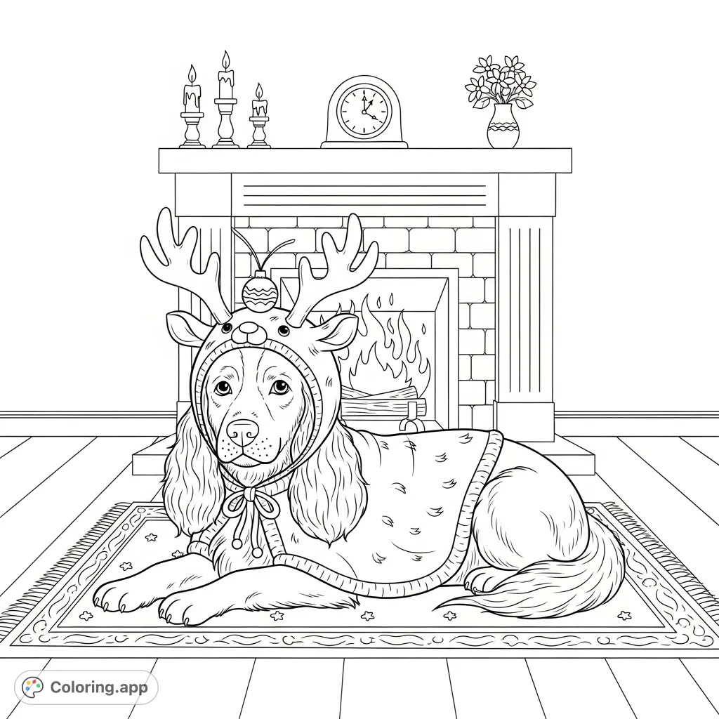 A charming spaniel-like dog in a festive reindeer costume, resting peacefully on a soft rug before a grand fireplace. Perfect for holiday cheer!