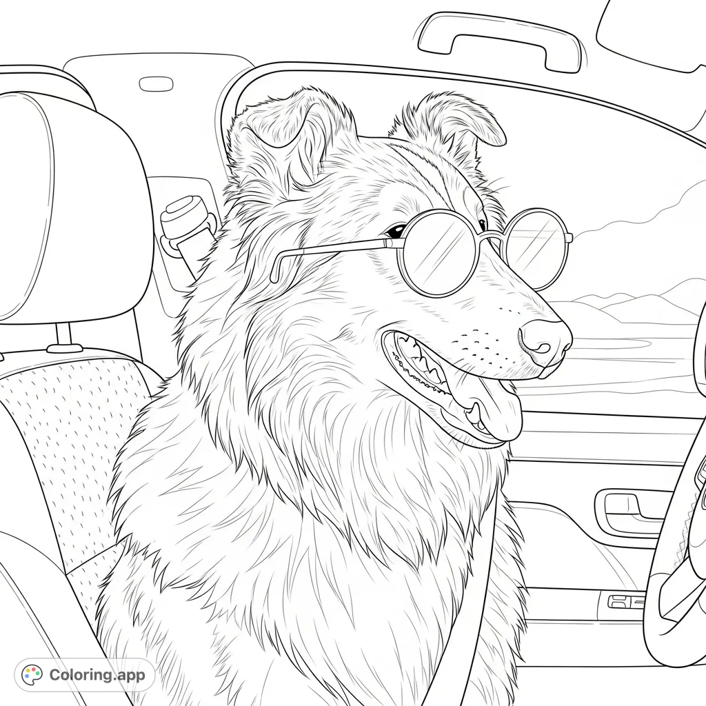 This dog in car coloring page features a fluffy Collie-like dog wearing cool sunglasses, ready for adventure. Perfect for all ages.