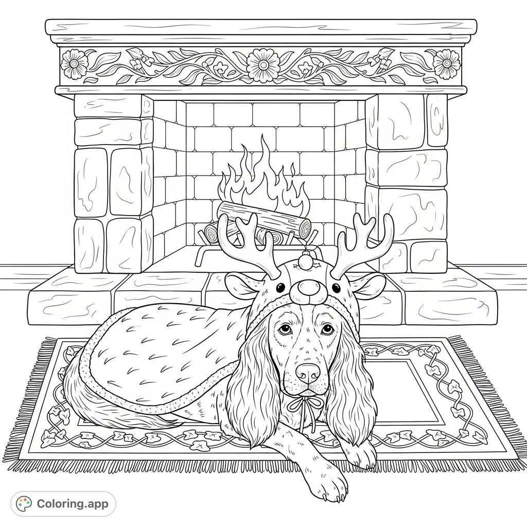 A contented spaniel-like dog in a detailed reindeer costume rests peacefully on a soft rug before a grand fireplace. A charming holiday scene for all ages.