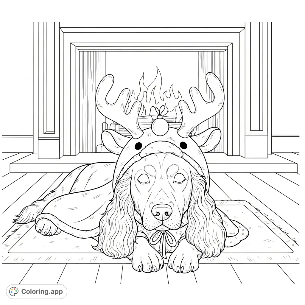 A delightful spaniel in a reindeer costume, peacefully resting on a soft rug before a grand fireplace. A charming and detailed scene.